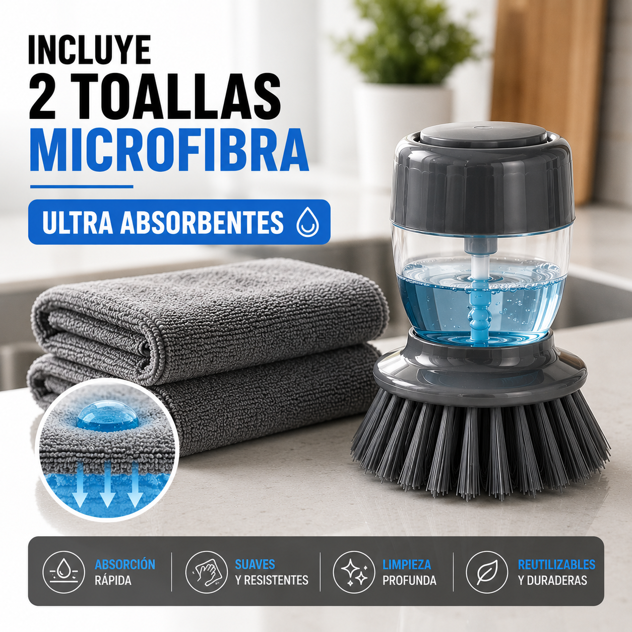 Cepillo Dispensador + 2 Toallas Microfibra